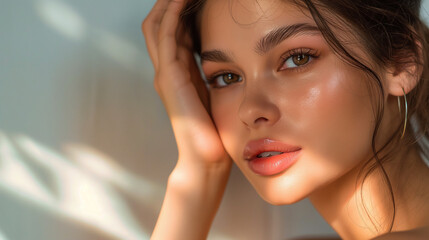 Fototapeta premium Beautiful women with natural makeup posing touching her silky skin