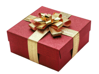 Red and gold gift box with a decorative bow, perfect for celebrations, holidays, and special occasions.