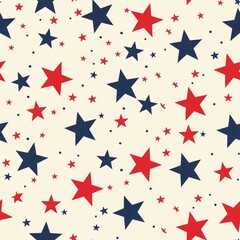 A seamless pattern background brimming with cuteness and patriotism. Cute stars and stripes in red, white, and blue form a repeating pattern. Illustrator style.