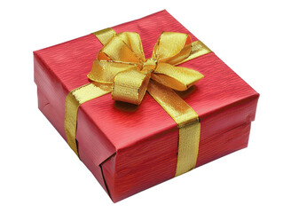 Obraz premium Red gift box with a golden ribbon on a white background, perfect for holidays, celebrations, and special occasions.