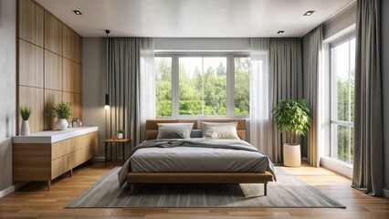 Modern bedroom with minimal interior design, featuring a window with simple curtains , minimalism, contemporary, clean, light, airy, monochrome, sleek, cozy, bed, furniture, decor