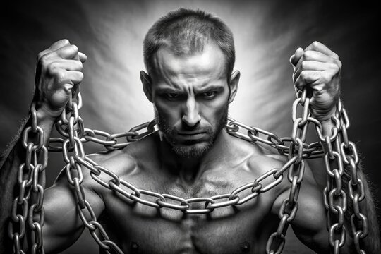 Captive man trapped within chains and constraints in conceptual monochrome digital rendering, captive, man, trapped, chains, constraints, monochrome, digital, rendering, imprisonment
