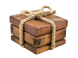 Wooden box tied with a rope, rustic wooden crate with tied twine for storage and decoration, isolated on white background.