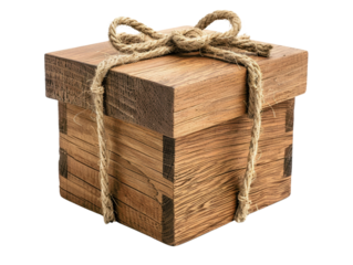 Wooden gift box tied with a rustic rope, perfect for gifts, promotions, or decorative purposes. High-quality image with natural textures.