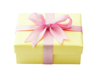 Yellow gift box with pink ribbon and bow, perfect for celebrations, birthdays, anniversaries, holidays, and special occasions.