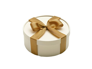 Elegant round white gift box with golden ribbon bow isolated on white background, perfect for...