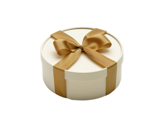 Elegant round white gift box with golden ribbon bow isolated on white background, perfect for celebrations and special occasions.