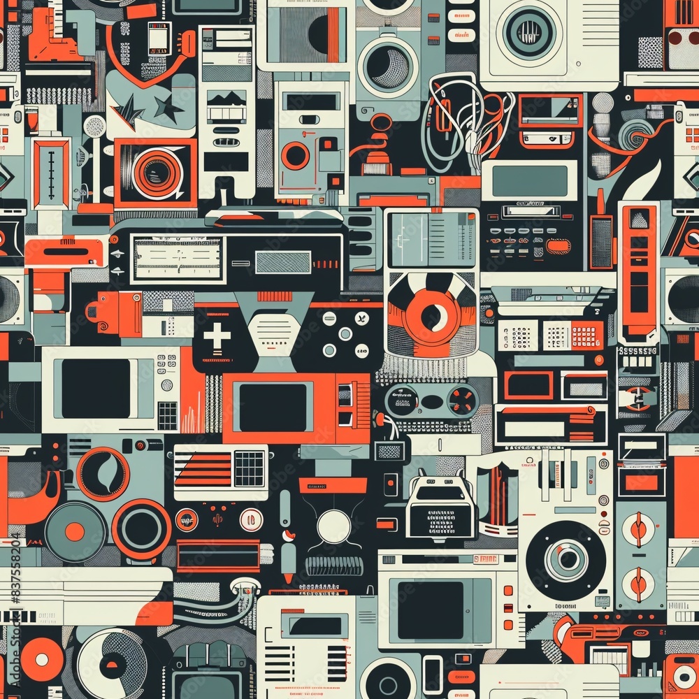 Aufkleber a detailed seamless pattern featuring a mix of retro gadgets including old calculators, slide projec
