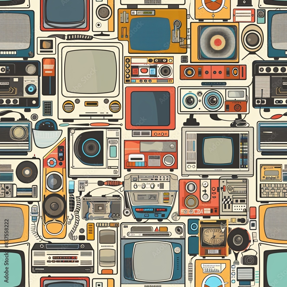 Poster a seamless pattern of various retro devices, harmoniously blended to create an intricate and continu