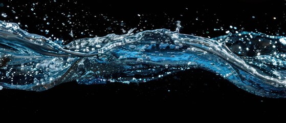 blue wavy glittering stream of water on black background