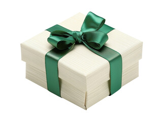 Elegant white gift box with a shiny green ribbon and bow, perfect for special occasions, holidays, and celebrations.