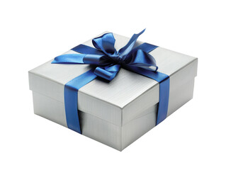 Elegant white gift box with a shiny blue ribbon, perfect for celebrations, birthdays, or special occasions.