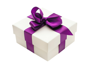 Elegant white gift box with a luxurious purple ribbon, perfect for birthdays, holidays, weddings, and special celebrations.