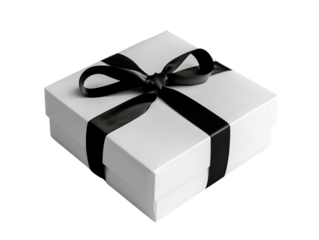 Elegant white gift box with a sleek black ribbon bow. Perfect for special occasions, celebrations, and gift-giving moments.