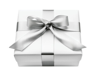 Elegant white gift box with silver ribbon and bow, perfect for celebrations, holidays, and special occasions.