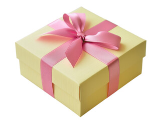 Elegant yellow gift box with a pink ribbon bow, perfect for celebrations, birthdays, or special occasions, isolated on a white background.