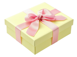 Elegant yellow gift box with a pink ribbon bow, perfect for celebrations and special occasions. High-quality stock photo.