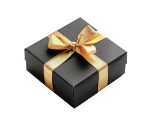 Elegantly wrapped black gift box with a golden ribbon bow. Perfect for special occasions, celebrations, or as a stylish present.