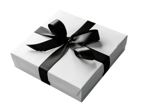 Elegant white gift box with a black ribbon, perfect for special occasions like weddings, birthdays, and anniversaries. High-quality stock photo.