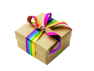 Obraz premium Gift box wrapped in colorful rainbow ribbon, perfect for celebrations, birthdays, and special occasions, offering joy and surprise.