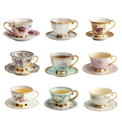 A collection of nine elegant and colorful vintage teacups with intricate floral designs, beautifully arranged and photographed on saucers. transparent backgrounds