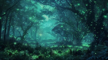 Obraz premium Dense forest with bioluminescent plants and animals emitting electric glows generated by AI
