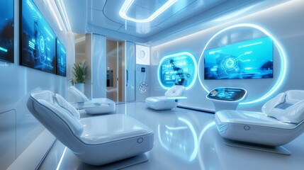 A high-tech office space with futuristic furniture, large touchscreen displays