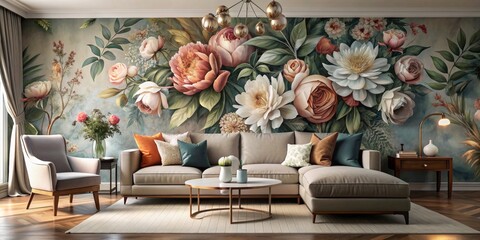 Modern living room with a beautiful floral mural on the wall , modern, living room, interior, floral, mural, flowers, wall, stylish, elegant, home decor, cozy, contemporary, design