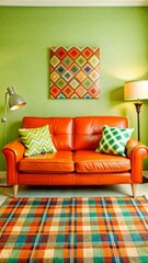 A vibrant orange retro living room with an elegant leather sofa, colorful plaid pillows, and bold geometric art on the wall. 