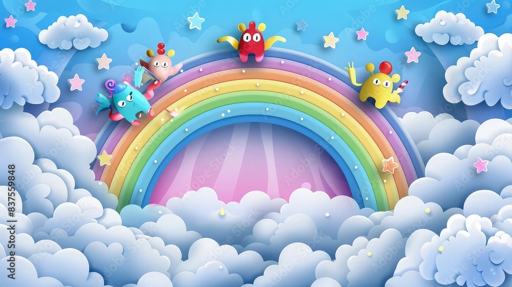 Poster kawaii creatures sliding joyfully down a rainbow into a sea of fluffy clouds in a paper art-style sk