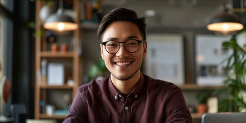 Fototapeta premium A smiling man in glasses sitting at a desk.