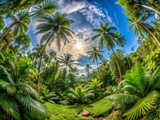 360-degree equirectangular panorama of a lush tropical paradise with vibrant rainforests teeming with exotic flora, Tropical, Paradise, Rainforest, Exotic, Flora, Equirectangular, Panorama