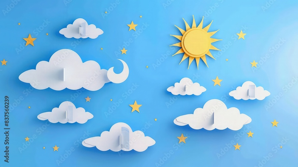 Poster layered paper-cut clouds floating gently in a bright blue sky, surrounded by twinkling paper stars a