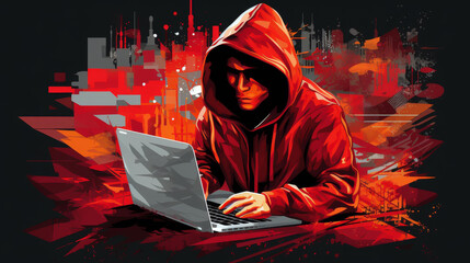 High resolution digital art of a hacker in a hoodie, depicting cybercrime and hacking activity in a dark web setting.