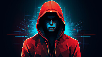 High resolution digital art of a hacker in a hoodie, depicting cybercrime and hacking activity in a dark web setting.