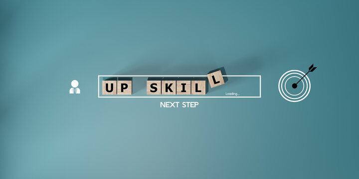 skills icon on wooden cube. Upskilling and personal development concept. Skill training, education, learning, ability. Upskilling, reskilling,