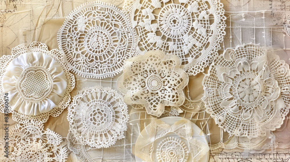 Poster layers of different lace doilies arranged over subtly textured scrapbook paper backgrounds. the lace