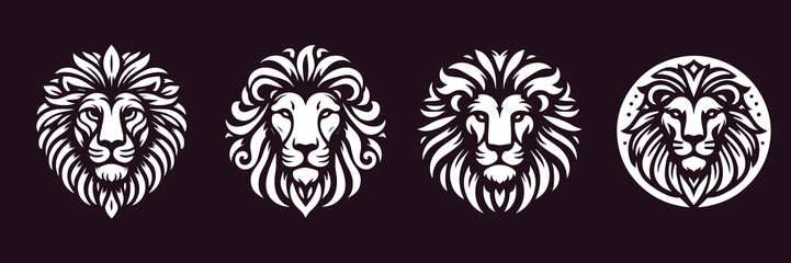 set of lion vector designs with a futuristic purple background, different designs