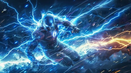 Superhero with the ability to control electricity, in mid-action with electric arcs around them generated by AI