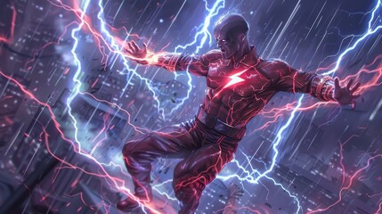 Superhero with the ability to control electricity, in mid-action with electric arcs around them generated by AI