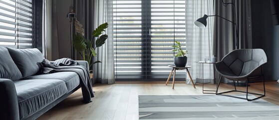 living room with gray curtains and black furniture, horizontal blinds stripes 