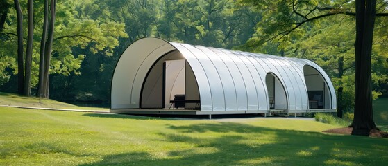 modern tent set up in a grassy area, simple designs, iron frame construction