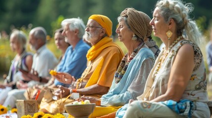 A spiritual ceremony with participants from various faiths and backgrounds in a peaceful setting