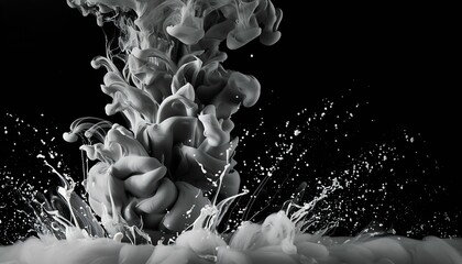 Monochrome ink drop spreading in water against a dark background, forming intricate patterns and textures. The black and white contrast highlights the fluid motion and delicate shapes. 