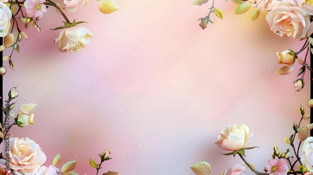 Poster a beautiful pastel pink background with a shiny golden and black frame border adorned with blooming 