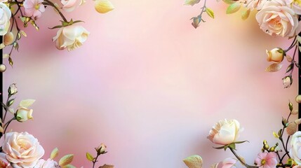 A beautiful pastel pink background with a shiny golden and black frame border adorned with blooming roses, creating an elegant floral border on a soft color background.