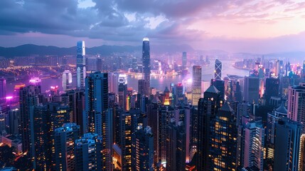 Fototapeta premium Modern metropolitan skyline at dusk with illuminated skyscrapers and vibrant purple clouds serves as a professional background for corporate web headers.