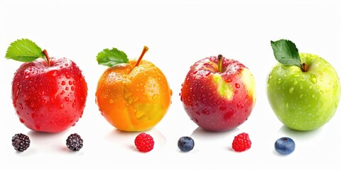 Fruits. Ripe and Appetising Collection of Apple, Berries on White Background
