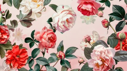 Abstract watercolor flowers on a light pink background, peonies, roses, green leaves, natural floral pattern in vintage style, Asian theme