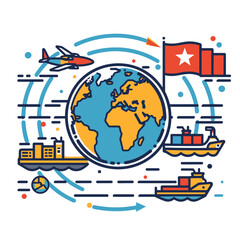 icon of the world with ships, airplanes and cargo boxes around it in simple line art